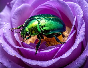 Close-up of a glossy, vibrant green beetle nestled within the petals of a dewy, violet rose