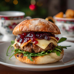 A burger sits on a piece of paper on a wooden table. The burger has cheese, sauce, and greens. Soft lights glow in the background. The setting is warm and inviting for a meal.