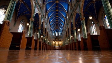 Stunning interior view of a gothic church with colorful stained glass and ornate architecture - Powered by Adobe