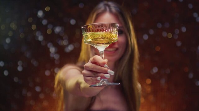 Portrait: cute woman with glass of champagne wine. Face of girl raises her Le coupe with brut. Congratulations on holiday, celebrates luxury event, Christmas atmosphere. Happy female raises a toast.