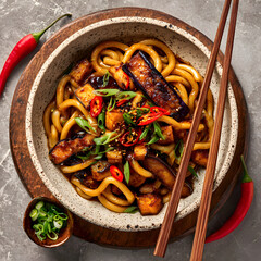 A bowl holds noodles topped with grilled vegetables, green onions, and chili. Chopsticks rest beside the bowl on a wooden surface. Spices are arranged around the dish.