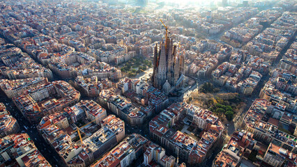 Aerial panorama view around the city and cathedral sagrada familia of Barcelona on a sunny day in early spring in spain catalonia