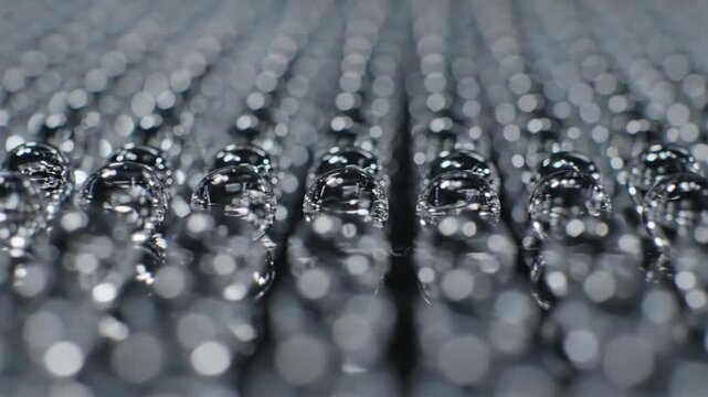 Detailed macro shot of countless metallic cylindrical objects precisely aligned in repetitive rows, showcasing industrial precision, advanced technology, and meticulous manufacturing