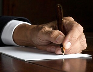 Close-up of a senior person's hand holding a pen over a blank white sheet, writing on a dark wooden surface
