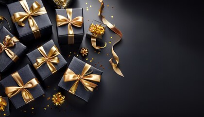 luxurious dark gray gift boxes adorned with elegant gold ribbons and scattered gold accents reflecting light on a sleek dark surface