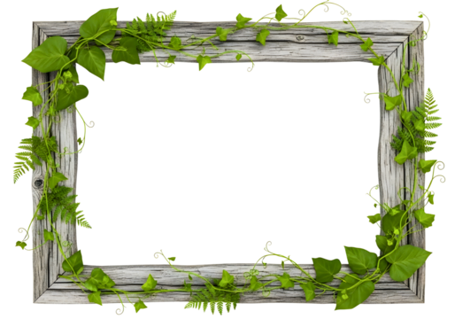Wooden picture frame decorated with green leaves and vines isolated on transparent background - Powered by Adobe