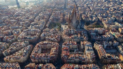 Aerial panorama view around the city and cathedral sagrada familia of Barcelona on a sunny day in early spring in spain catalonia