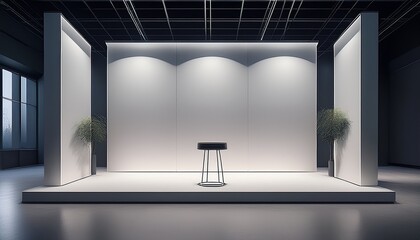 modern minimalist exhibition booth design with subtle lighting and a simple stool