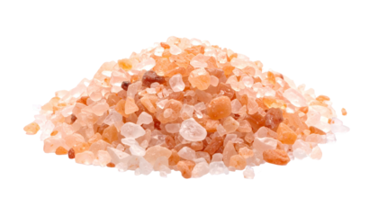 A pile of coarse, pink-hued salt crystals, isolated on a black background