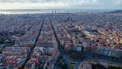 Aerial panorama view around the city of Barcelona on a sunny day in early spring in spain catalonia