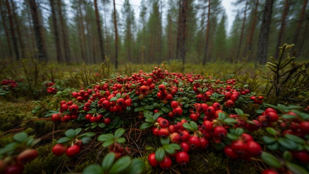 A dense, vibrant carpet of ripe red berries flourishes on the verdant, mossy forest floor, celebrating nature's rich autumnal bounty - Powered by Adobe