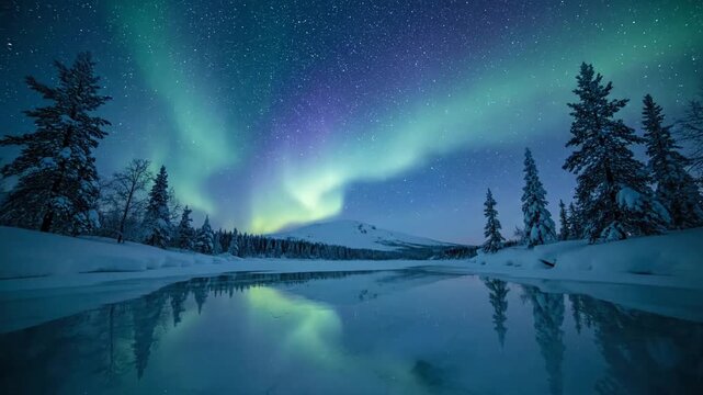 Frozen Lake Reflection aurora glow winter Low angle, emphasizing the aurora's perfect reflection on a still, icy surface. A