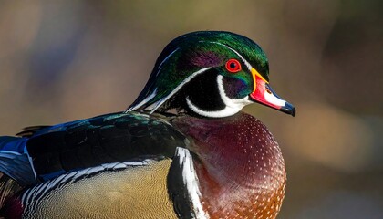 Close-up of a vibrant male waterfowl. It displays striking plumage, including green, red, white, and black accents against a blurry background