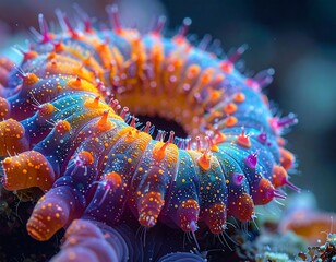 Close-up of a vibrant marine creature, a ringed body with spiky projections, displaying orange, purple, and blue hues
