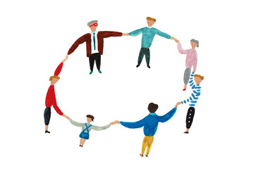 手描きイラスト　輪になって手をつなぐ男女と子供