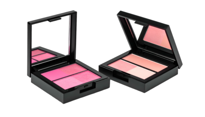 Two open rectangular cosmetic palettes with blush shades and mirrors