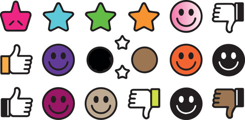Emoji feedback and rating icons set colorful smiley stars and like dislike symbols isolated on white background