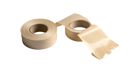 Two rolls of beige tape, one whole, the other partially unrolled and torn, against black