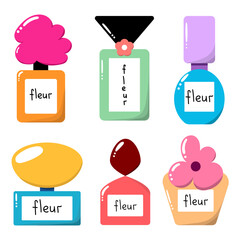 Set with perfume bottles. Cartoon perfume elements.