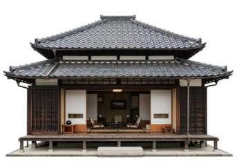 Traditional japanese house with tiled roof isolated on transparent background