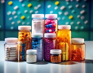 plastic containers filled with colorful pharmaceuticals showcasing medical products vitamins and over the counter drugs