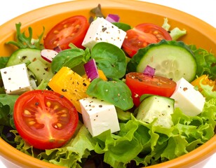 Close-up of a vibrant mixed salad in a bright orange bowl. Includes tomatoes, feta, cucumber, basil, and red onion