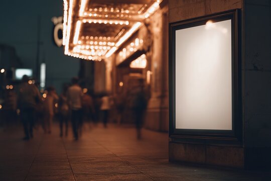 Blank framed poster mockup on theater exterior with glowing marquee lights at night