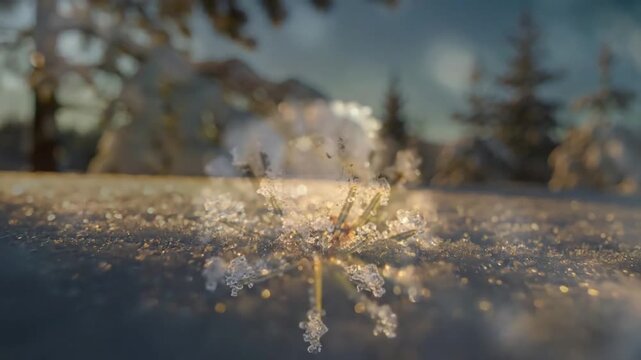 Sunlit Winter Landscape snow sparkle Wide to medium shot of a vast, untouched snowfield or forest floor, bathed in soft golden hour