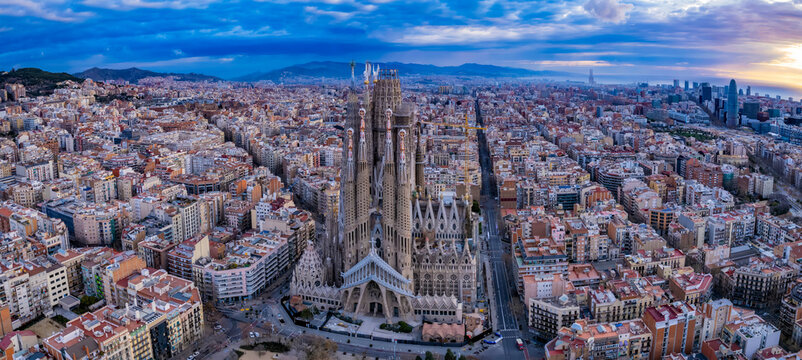 Aerial panorama view around the city and cathedral sagrada familia of Barcelona on a sunny day in early spring in spain catalonia