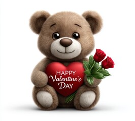 Cute teddy bear holding red heart and roses, soft plush illustration with warm colors and romantic mood for Valentine celebration designs
