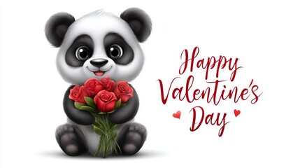 Cute panda holding red roses with Happy Valentines Day text, charming romantic illustration on white background for love themed designs and festive greetings
