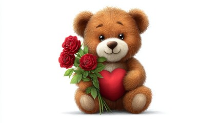 Cute teddy bear holding red roses and heart symbol, charming romantic illustration on white background for love themes, gifts and Valentine designs
