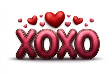 Glossy XOXO lettering with red hearts, romantic 3D typography on white background, playful love concept for Valentine messages and celebration designs
