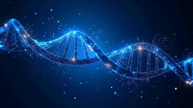 Abstract glowing blue DNA helix structure with particles on a dark background
