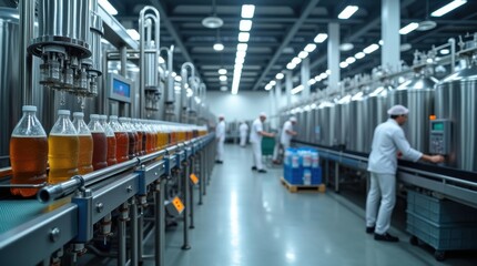 Obraz premium Interior de una moderna fábrica de bebidas con una línea de embotellado que llena botellas de plástico