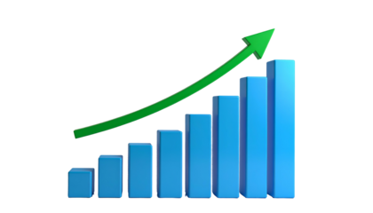 Blue ascending bar graph with green upward arrow on a black background