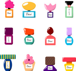 Big set with cartoon perfume bottles. Cute perfume bottles collection.