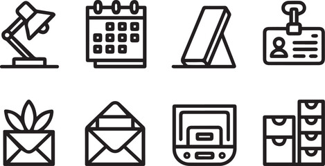 Office stationery and communication line icons set outline vector isolated on white background