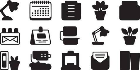 Office desk items and workspace icons silhouette set isolated on white background
