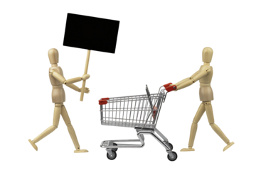 Wooden mannequins pushing shopping cart with blank sign in studio lighting for advertising