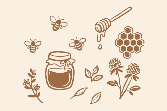 Honey jar bees honeycomb doodle line art vector illustration