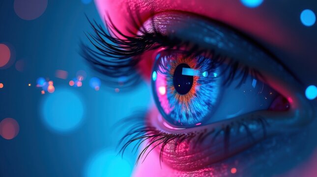 Ojo con reflejos de ne&oacute;n y part&iacute;culas digitales