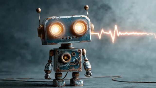 Retro robot with glowing eyes and sound wave in vintage futuristic setting