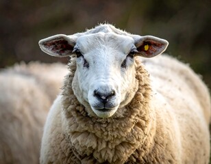 Close-up of a sheep gazing at the camera. Its white wool contrasts with the blurry green background, catching the golden sunlight