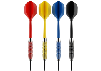 Four colorful darts with different colored flights and barrels on transparent background