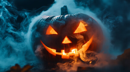 A halloween pumpkin glowing with smoke around it in the dark