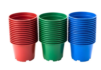 Stacked red green and blue plastic plant pots isolated on transparent background