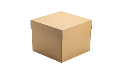 A square, brown, cardboard box with a lid, isolated against a solid black background