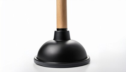 standard toilet plunger with wooden handle and black rubber suction cup on white background for editorial household tool photography plumbing maintenance and functional design themed visuals