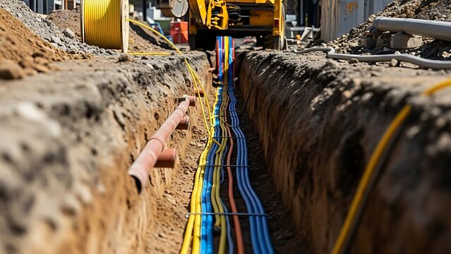 Construction site with underground cable installation.